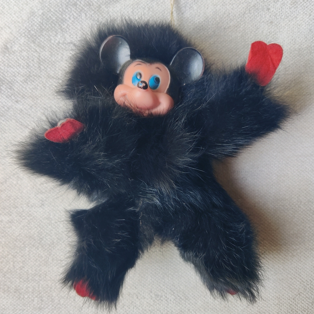 Vintage Mickey Mouse Rubber Face Real Fur Hanging Toy 7" Blue Eyes Rare 70s 80s - Picture 7 of 8